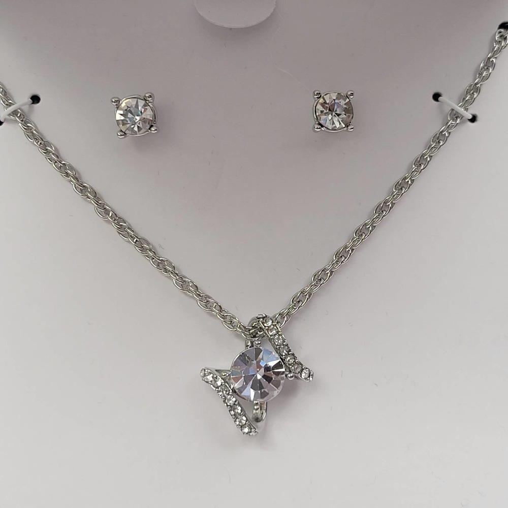 Charter Club Silver-Tone Crystal Pendant Necklace & Stud Earrings Set Si…